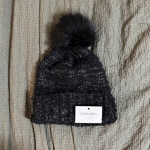 Calvin Klein Black and Silver Knit Beanie with Pom-Pom